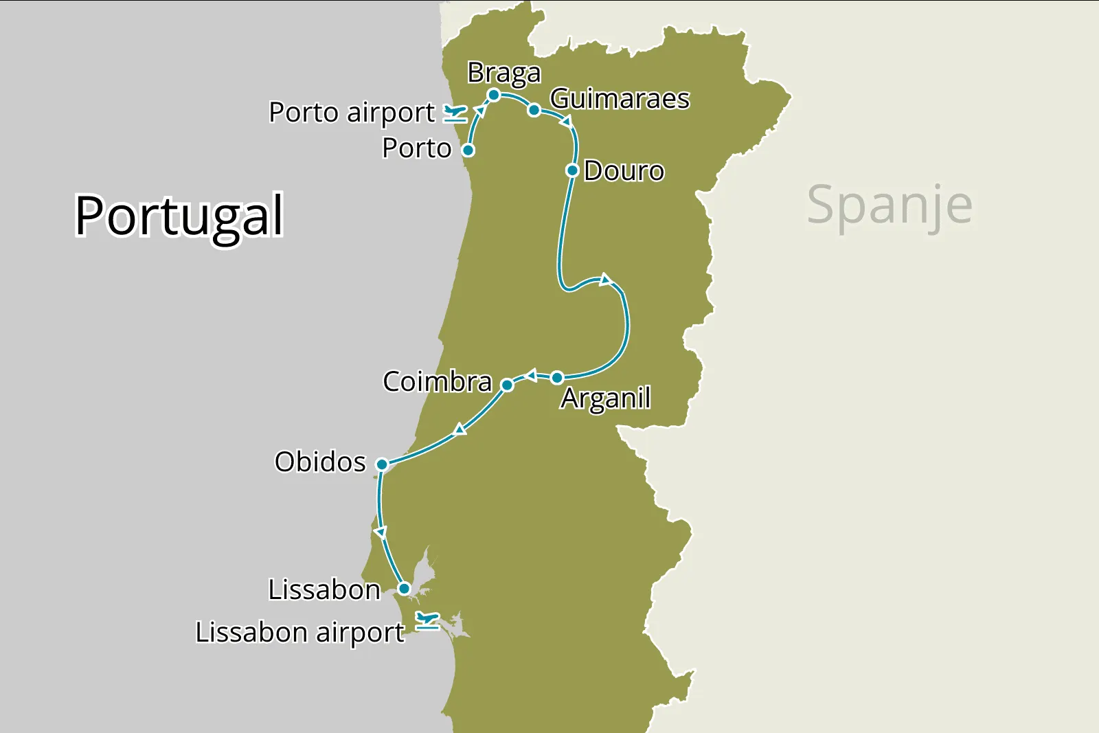 Fly-drive Noord, Centraal en Lissabon (hotels) 11 dagen - Route