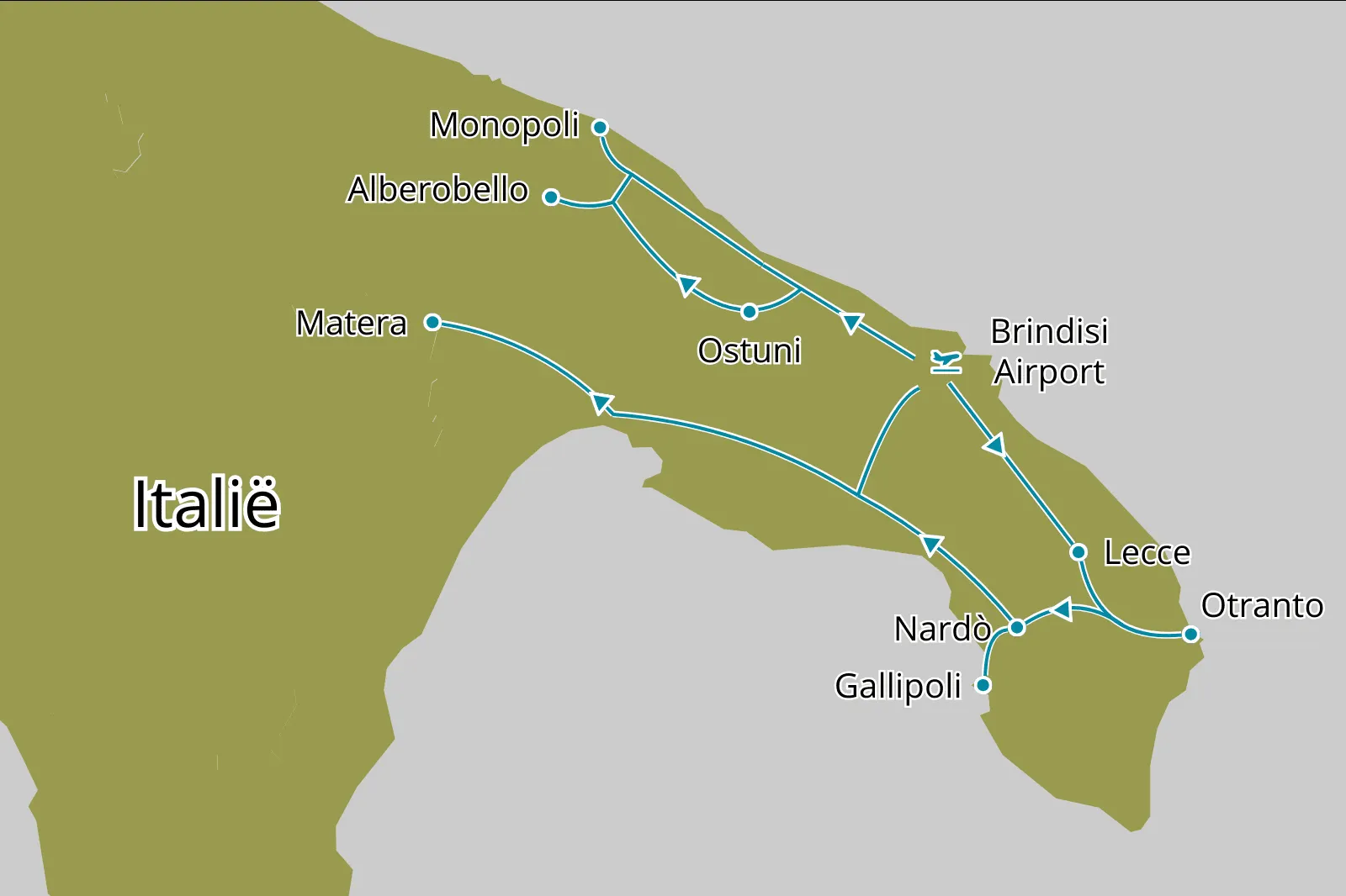 Fly-drive Authentiek Puglia 15 dagen - Route