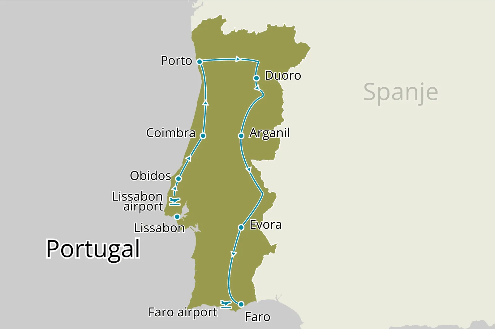 Fly-drive Portugal in vogelvlucht (hotels) 12 dagen - Route