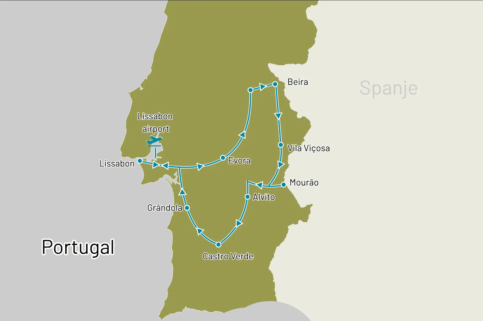 Fly-drive Alentejo couleur locale 11 dagen - Route