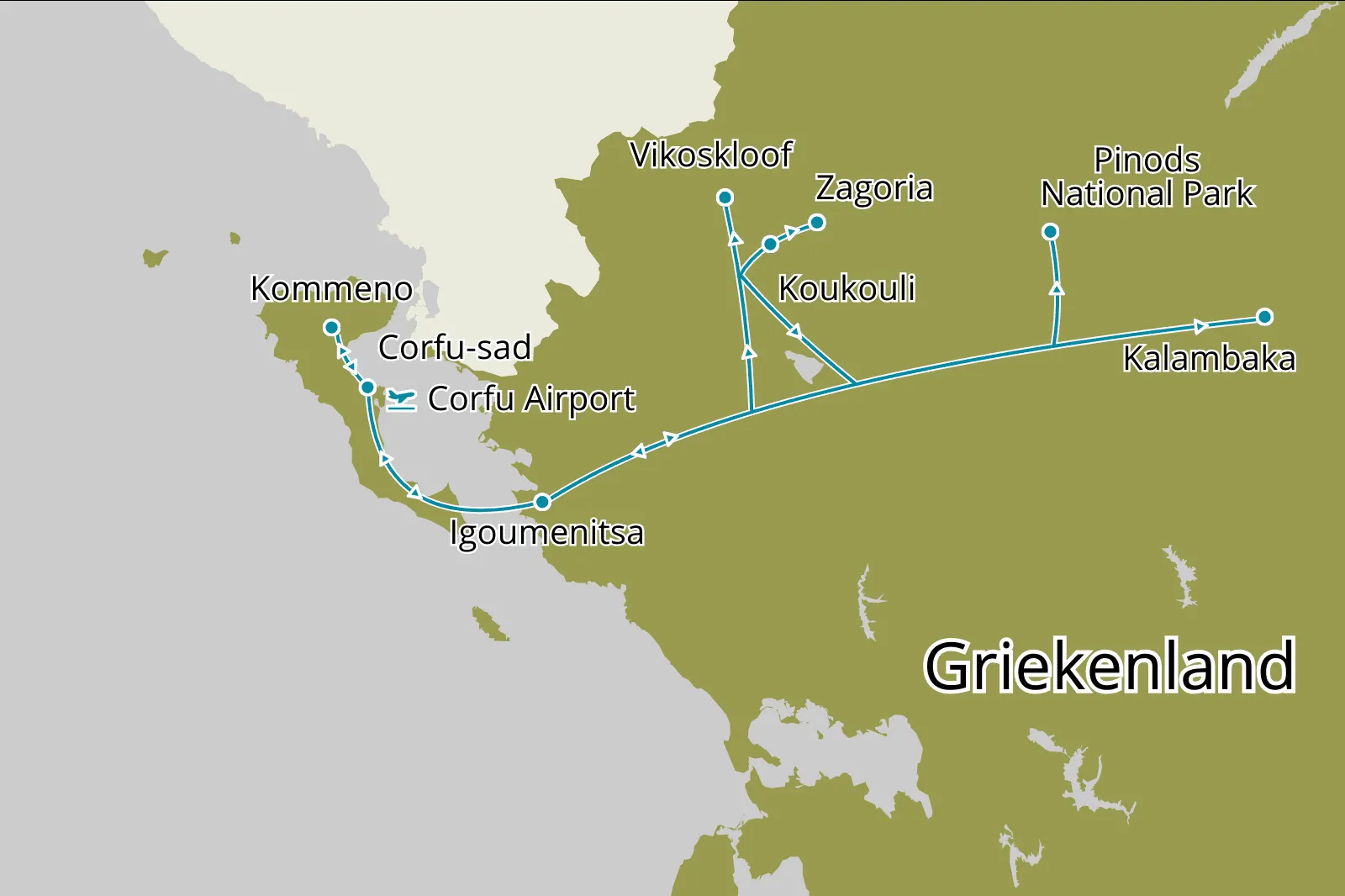 Fly-drive Corfu, magisch Meteora & Zagoria - Route